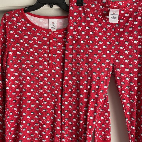 Vineyard Vines Holiday Santa Whales Long Pajama Sleep SET Size M Red Cotton PJs - Picture 12 of 13